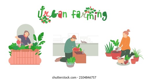 Urban farming, gardening. Flat characters. Editable vector illustration in modern style isolated on a white background. Future architecture and agriculture concept. Colorful graphic design