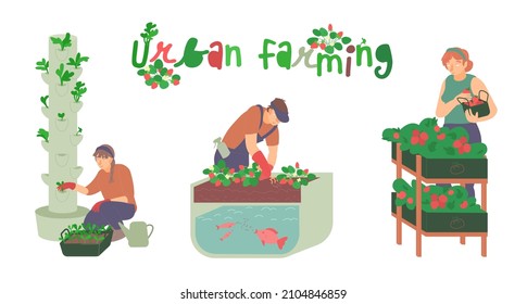 Urban farming, gardening. Flat characters. Editable vector illustration in modern style isolated on a white background. Future architecture and agriculture concept. Colorful graphic design