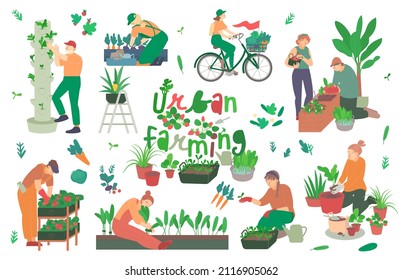 Urban farming, gardening. Flat characters. Editable vector illustration in modern style on a white background. Future environment, agrotourism, agriculture, ecology concept. Colorful graphic design