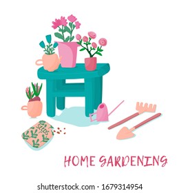 Urban farming and gardening hobby with gardening tools, seeds and plants in the pots.  Vector illustration 