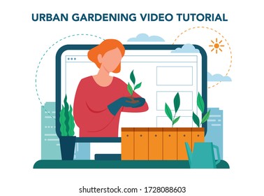 Urban farming or gardening online service or platform. City agriculture online video tutorial. People planting and watering the sprout on the roof or balcony. Isolated vector illustration