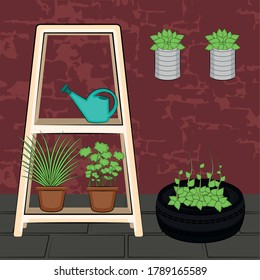 Urban farming. Urban gardening. Organic food and spices garden - Vector