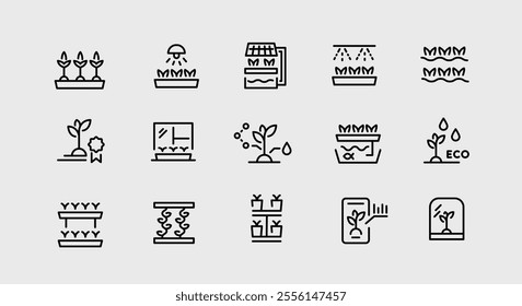 Urban farming icons. Set of 15 urban farming trendy minimal icons. Seedling, watering, home cultivation, vertical farming. Design signs for web page, mobile app, packaging design. Vector illustration.