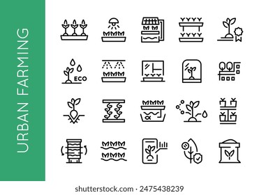 Urban farming icons. Set of 20 urban farming trendy minimal icons. Seedling, watering, home cultivation, vertical farming. Design signs for web page, mobile app, packaging design. Vector illustration.