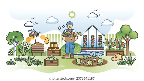 Urban farming and Locavore movement to grow local food outline concept. Produce fresh bio vegetables, greens and roots yourself in home garden vector illustration. Healthy and sustainable lifestyle.