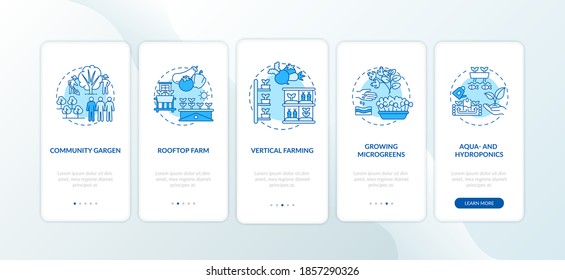 Urban farming onboarding mobile app page screen with concepts. Vertical farming. Growing microgreens walkthrough 5 steps graphic instructions. UI vector template with RGB color illustrations