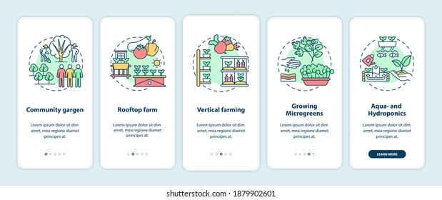 Urban farming onboarding mobile app page screen with concepts. Community gargen. Rooftop farm walkthrough 5 steps graphic instructions. UI vector template with RGB color illustrations