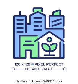 Urban farming pixel perfect RGB color icon. Indoor growing, rooftop. Modern city. Greenhouse gardening, hydroponics. Isolated vector illustration. Simple filled line drawing. Editable stroke