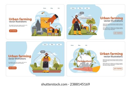 Urban farming set. City beekeeping, rooftop gardens. Gardener tending plants, global permaculture design. Sustainable city, eco-living, green urban areas. Flat vector illustration.