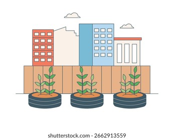 Urban farming, utilizing used items to grow plants. Character design. Vector flat illustration