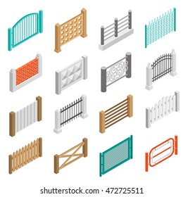 Urban and farmland real estate boundary fences elements from wood brick and concrete isometric set isolated vector illustration 