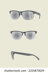 Urban fashionable design mirror chrome half-frame sunglasses. Perspective, front and side view.
