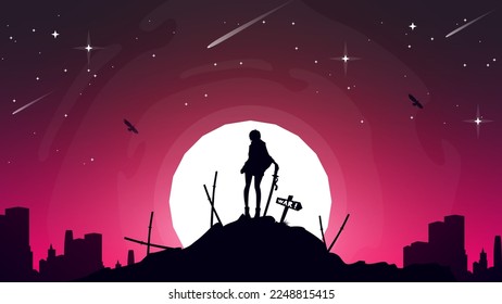 Urban female samurai. Japanese samurai warrior with a sword. Japan theme background. 