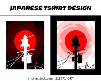 urban female samurai, urban samurai on a power pole, silhouette of female samurai, Japanese t-shirt design, Samurai Vector Illustration, silhouette for a Japanese theme