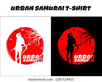 urban female samurai, silhouette japan samurai vector for design t shirt concept, silhouette samurai, Japanese t-shirt design, silhouette for a Japanese theme