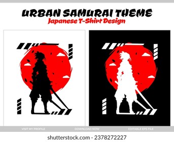 urban female samurai. silhouette japan samurai vector for design t shirt concept. silhouette samurai. Japanese t-shirt design. silhouette for a Japanese theme. Samurai Vector Illustration.