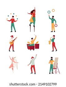 Urban festival. Outdoor characters on street performance dancers musicians fire shows clowns garish vector pictures set