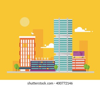 Urban flat cityscape with trees, isolated cityscape with downtown houses, commercial buildings and skyscrapers. 