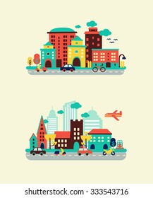 Urban flat  landscapes, cityscape, vector colorful illustrations. City, cars, skyscrapers, road, trees, airplane, town, and buildings.