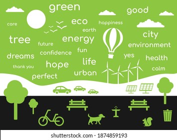 Urban Flat Minimal Design With Green Sustainable Energy, Ecology Concept, Healthy Life, Green City, Positive Thinking, Fresh Air, Public Park. Vector Illustration