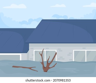 Städtische Überschwemmung flach, Vektorgrafik. Lokale Gefahr schwerer Regenfälle. Naturkatastrophe. Extreme Wetterlage. Umgeben von Wasser-2D-Cartoon-Stadtbild mit Gebäuden auf Hintergrund