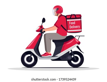 Urban food delivery semi flat RGB color vector illustration. Cafe service worker with order on motorbike. Caucasian male courier in red uniform isolated cartoon character on white background