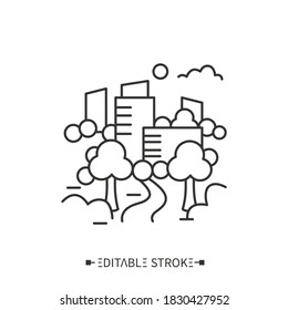 Urban forest line icon. Municipal forestry, urban greening, gardening. Deforestation problem. City park, square. Eco city concept. Earth day. Isolated vector illustration. Editable stroke 