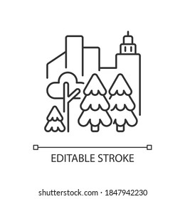Urban forest linear icon. Public city park. Tree grow in town district. Modern eco location. Thin line customizable illustration. Contour symbol. Vector isolated outline drawing. Editable stroke