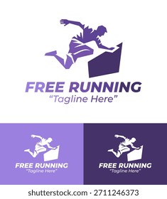 Eine urbane, frei laufende Identität, die Sprünge, Flow und agile Bewegung betont und sich ideal für Parkour-Communities und Straßensportmarken eignet.