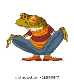 Urban frog character, vector illustration. A calm anthropomorphic frog guy sitting on his haunches and observing what is happening. Sketch-drawn humanized toad. An animal character with a human body.