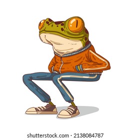 Urban frog guy, vector illustration. A calm anthropomorphic frog sitting with his hands in pockets and observing what is happening. A humanized hipster toad. An animal character with a human body