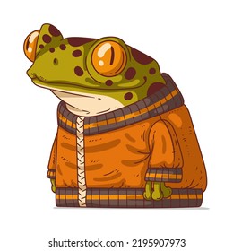 An Urban Frog, isolated vector illustration. Cute cartoon picture of a froglet wearing a zip-up sweatshirt. Drawn animal sticker. An anthropomorphic toad on white background. A dressed animal