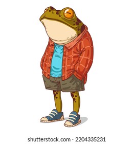 An Urban Frog, isolated vector illustration. Cartoon picture of a dreamy toad in casual outfit. Drawn animal sticker. An anthropomorphic frog on white background. A dressed animal character.