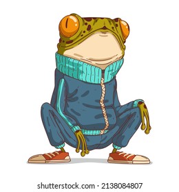 Urban frog, vector illustration. Calm anthropomorphic frog wearing a sport suit sitting on his haunches and observing what is happening. A humanized toad guy. An animal character with a human body