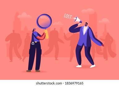 Urban Frustration in Crowd. Man with Megaphone in Crowded Place, Police Woman with Magnifier Help to Search Lost Character. Stress Situation at City, Social Problem. Cartoon People Vector Illustration