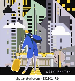 Urban, futuristic, colorful landscape. A man with a suitcase at a pedestrian crossing