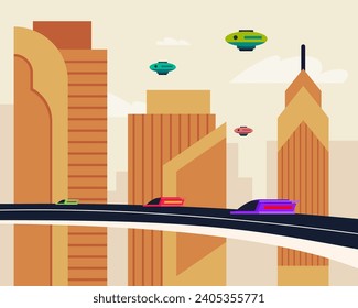 Urban futuristic landscape with modern means of transport, big buildings. Vector illustration. Poster design. City scene concept