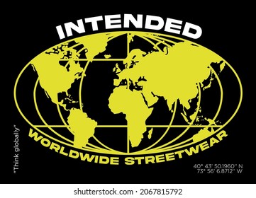 Urban futuristic worldwide streetwear slogan print with world map illustration for graphic tee t shirt - Vector