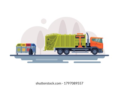 Urban Garbage Truck Sanitary Vehicle and Trash Bins, Waste Collection, Transportation and Recycling Concept Flat Style Vector Illustration