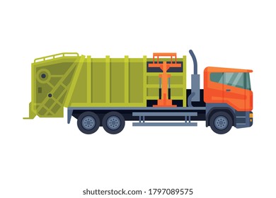 Urban Garbage Truck Sanitary Vehicle, Waste Collection, Transportation and Recycling Concept Flat Style Vector Illustration