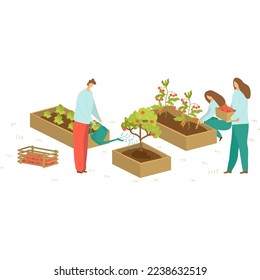 Urban garden landing web template, vector illustration. Rooftop garden, plants on urban building. Gardening in city, horticulture.