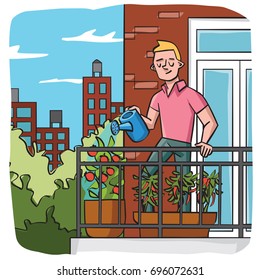 Urban Gardener. A man tends to his apartment balcony garden.