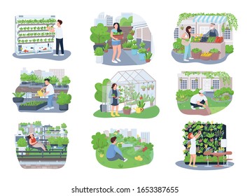 Urban gardening 2D vector web banners, posters set. Gardeners, horticulturists flat characters on cartoon background. Agriculture, plants cultivation printable patches, colorful web elements