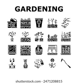 urban gardening agriculture green icons set vector. garden food, organic vegetable, farmer farm, community plant, nature, person city urban gardening agriculture green glyph pictogram Illustrations