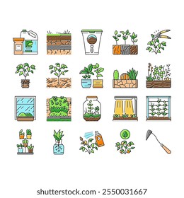 Iconos verdes de la agricultura de la jardinería urbana Vector del sistema. comida del jardín, vegetal orgánico, granja del granjero, planta de la comunidad, naturaleza, ciudad de la persona Jardinería urbana Agricultura Línea de color verde Ilustraciones