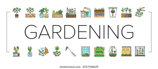 urban gardening agriculture green icons set vector. garden food, organic vegetable, farmer farm, community plant, nature, person city urban gardening agriculture green color line illustrations