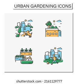Urban gardening color icons set. Modern landscape. Free parkland for relaxation. Earth day concept. Isolated vector illustrations