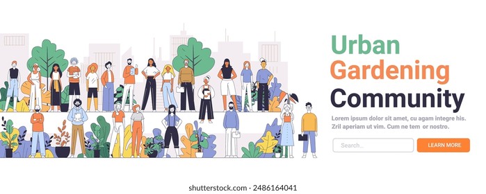 Urban gardening community illustration featuring diverse group of people plants cityscape background and greenery