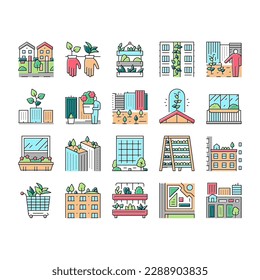 Urban Gardening Eco Collection Icons Set Vector. City Gardening On Roof And Garden, Growing Plant On Building Wall And Window Sill Flower Concept Linear Pictograms. Contour Color Illustrations