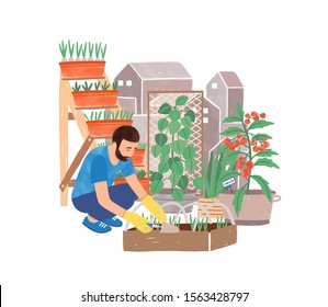 Urban Gardening Flat Vector Illustration. Male Gardener Planting Herbs Cartoon Character. Greening, Landscaping. Garden, Yard, Green Space. Grower And Flowerpots Isolated On White Background.